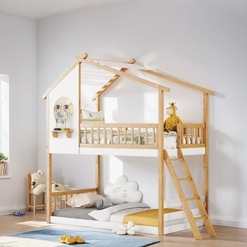 Twin Over Twin Bunk Bed Wood Kids Bed with Roof Window and Ladder Kids Furniture House Bed, Gray