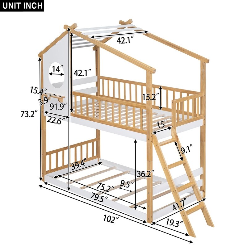 Twin Over Twin Bunk Bed Wood Kids Bed with Roof Window and Ladder Kids Furniture House Bed, Gray