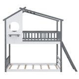 Twin Over Twin Bunk Bed Wood Kids Bed with Roof Window and Ladder Kids Furniture House Bed, Gray