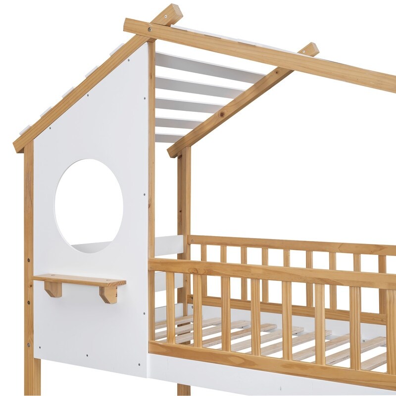 Twin Over Twin Bunk Bed Wood Kids Bed with Roof Window and Ladder Kids Furniture House Bed, Gray