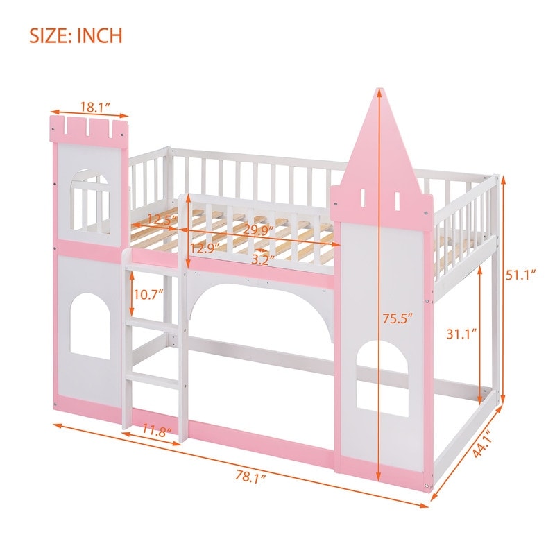 Twin Over Twin Bunk Bed for Kids, Castle Bunk Beds with Ladder & Safety Guardrail