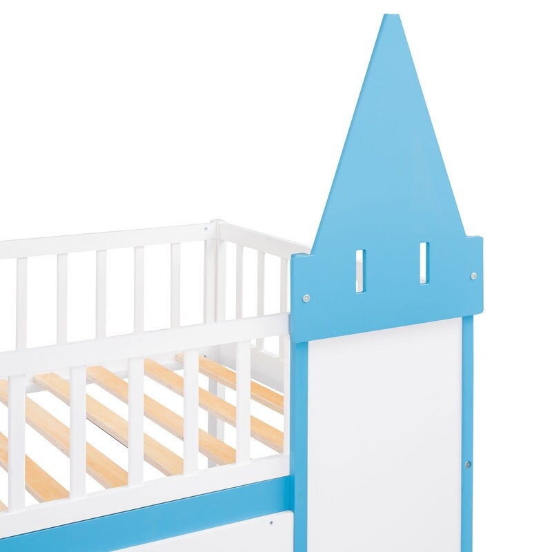 Twin Over Twin Bunk Bed for Kids, Castle Bunk Beds with Ladder & Safety Guardrail