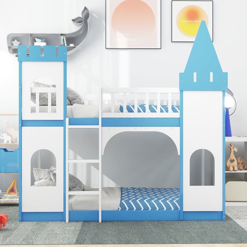 Twin Over Twin Bunk Bed for Kids, Castle Bunk Beds with Ladder & Safety Guardrail