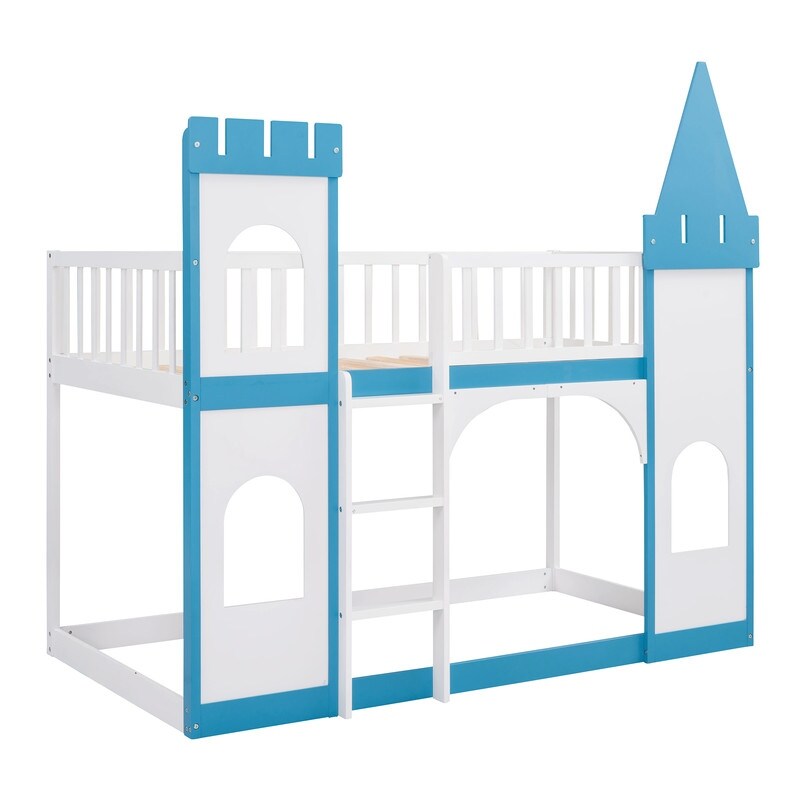 Twin Over Twin Bunk Bed for Kids, Castle Bunk Beds with Ladder & Safety Guardrail