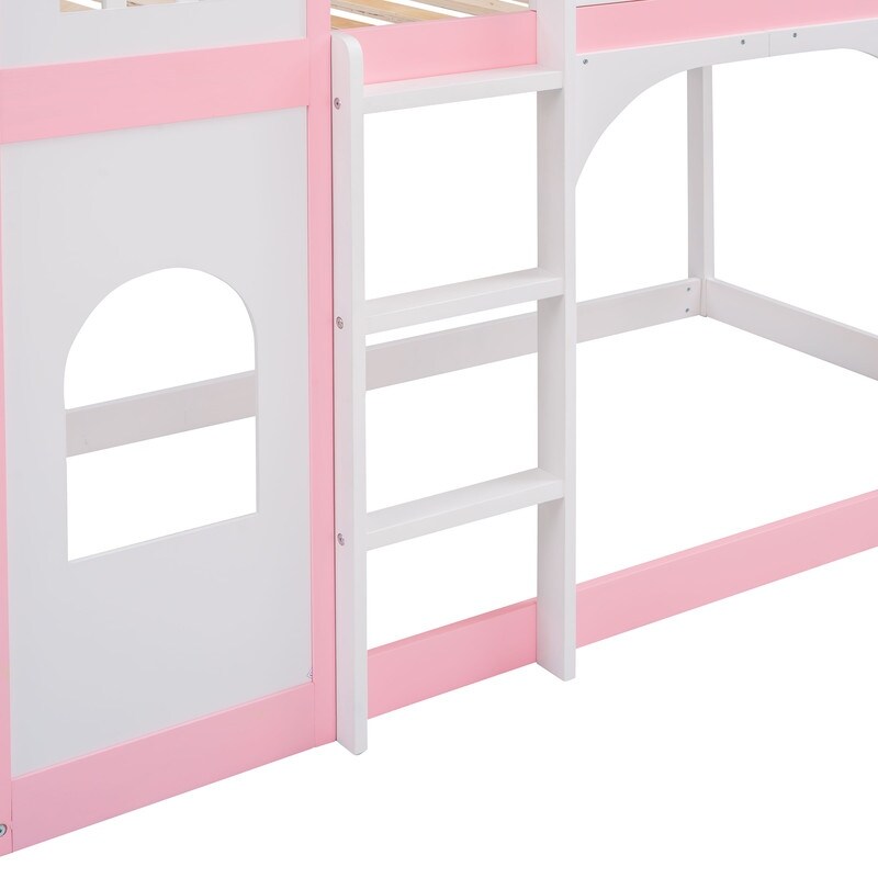 Twin Over Twin Bunk Bed for Kids, Castle Bunk Beds with Ladder & Safety Guardrail