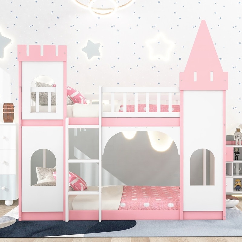 Twin Over Twin Bunk Bed for Kids, Castle Bunk Beds with Ladder & Safety Guardrail