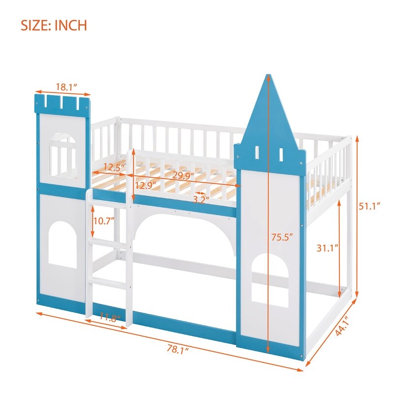 Twin Over Twin Bunk Bed for Kids, Castle Bunk Beds with Ladder & Safety Guardrail