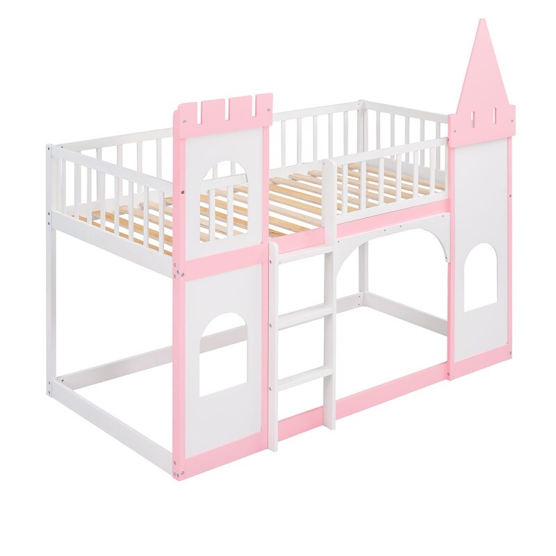 Twin Over Twin Bunk Bed for Kids, Castle Bunk Beds with Ladder & Safety Guardrail