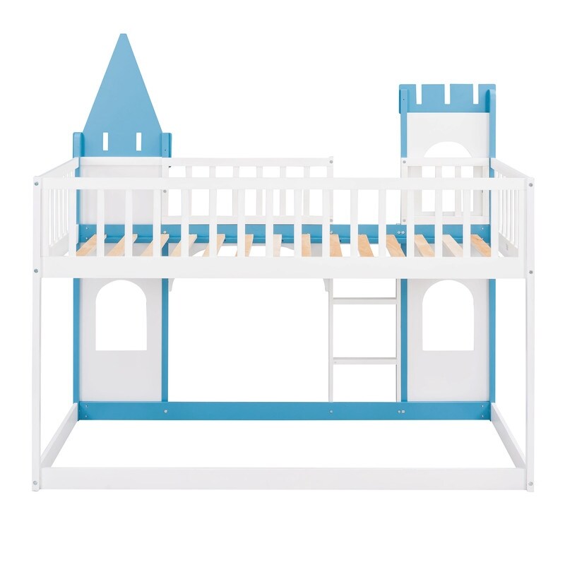 Twin Over Twin Bunk Bed for Kids, Castle Bunk Beds with Ladder & Safety Guardrail