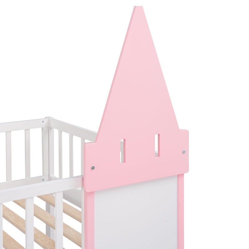 Twin Over Twin Bunk Bed for Kids, Castle Bunk Beds with Ladder & Safety Guardrail