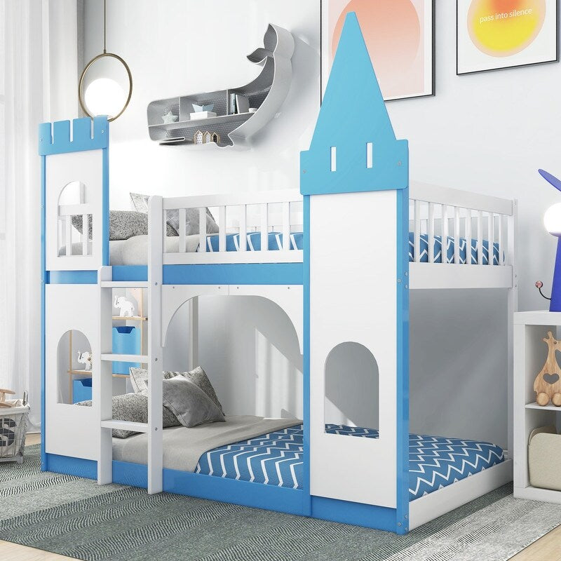 Twin Over Twin Bunk Bed for Kids, Castle Bunk Beds with Ladder & Safety Guardrail