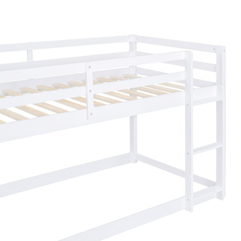Twin Over Twin Floor Bunk Bed with Ladder, Wooden Twin Size Kids Bunk Bed Frame for Bedroom, White