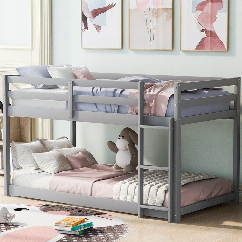 Twin Over Twin Floor Bunk Bed with Ladder, Wooden Twin Size Kids Bunk Bed Frame for Bedroom, White