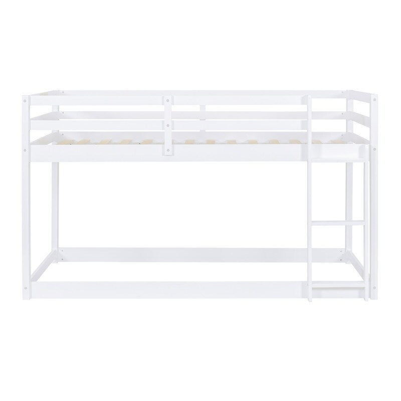 Twin Over Twin Floor Bunk Bed with Ladder, Wooden Twin Size Kids Bunk Bed Frame for Bedroom, White
