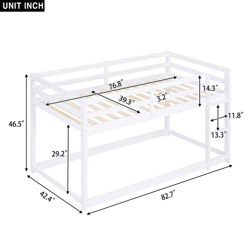 Twin Over Twin Floor Bunk Bed with Ladder, Wooden Twin Size Kids Bunk Bed Frame for Bedroom, White