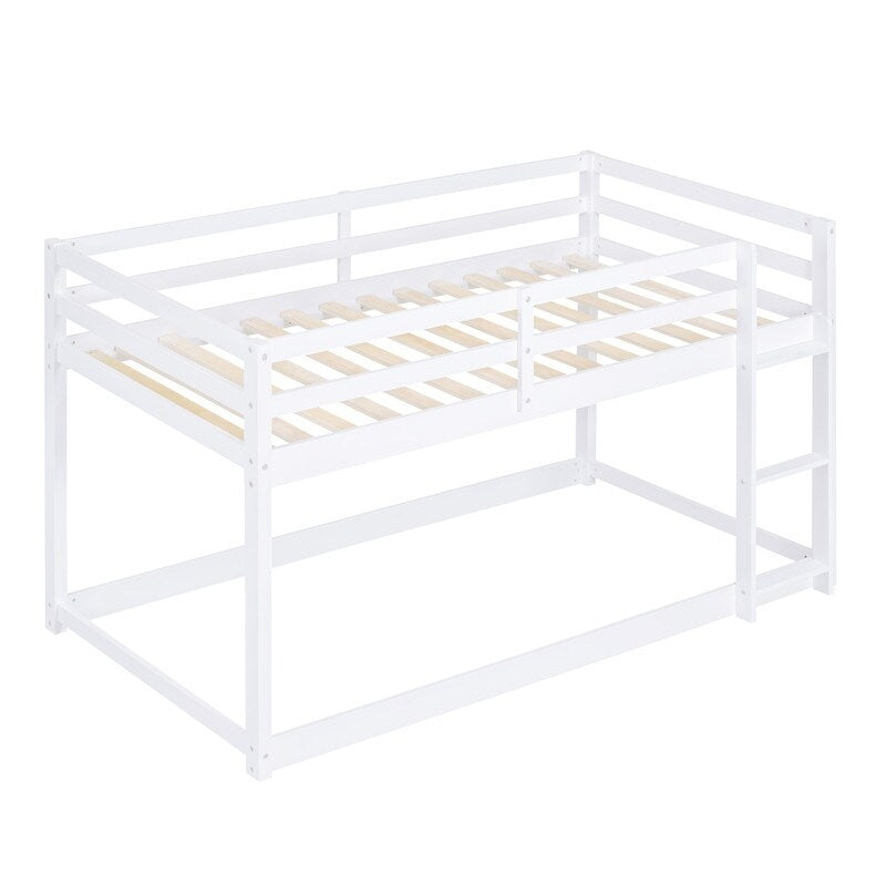 Twin Over Twin Floor Bunk Bed with Ladder, Wooden Twin Size Kids Bunk Bed Frame for Bedroom, White