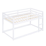 Twin Over Twin Floor Bunk Bed with Ladder, Wooden Twin Size Kids Bunk Bed Frame for Bedroom, White