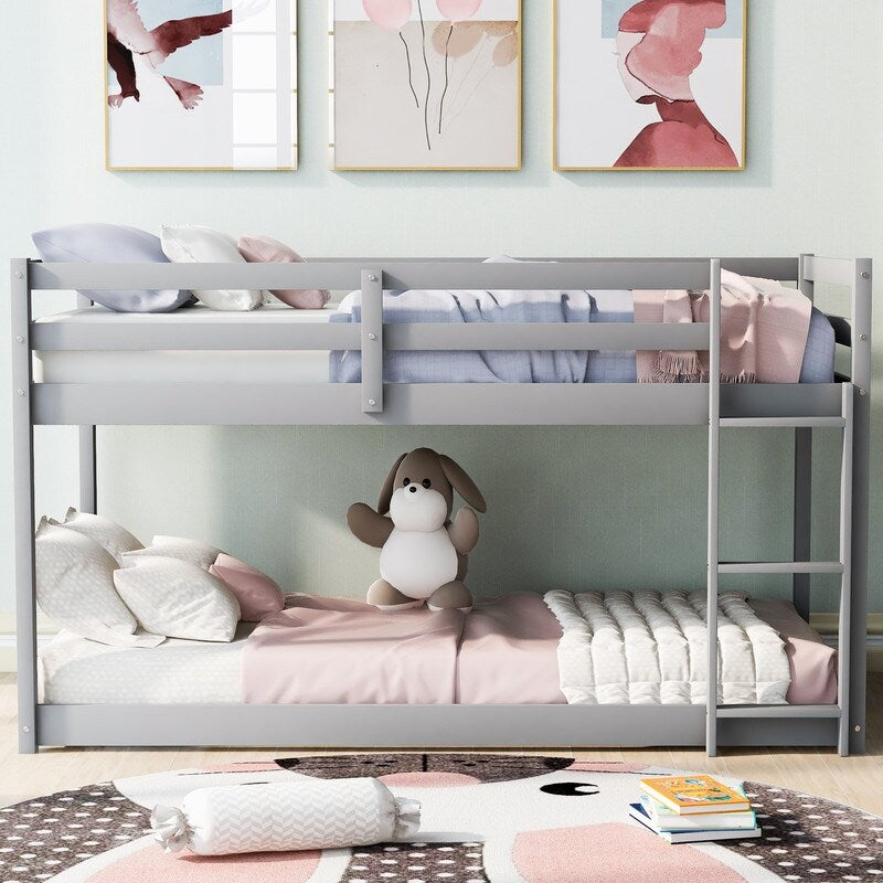 Twin Over Twin Floor Bunk Bed with Ladder, Wooden Twin Size Kids Bunk Bed Frame for Bedroom, White