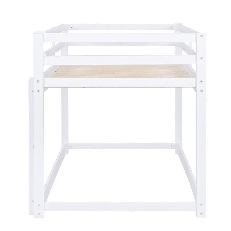 Twin Over Twin Floor Bunk Bed with Ladder, Wooden Twin Size Kids Bunk Bed Frame for Bedroom, White
