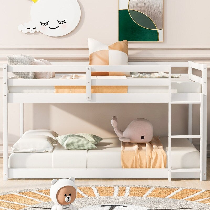 Twin Over Twin Floor Bunk Bed with Ladder, Wooden Twin Size Kids Bunk Bed Frame for Bedroom, White