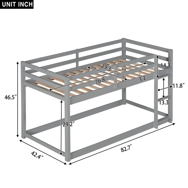 Twin Over Twin Floor Bunk Bed with Ladder, Wooden Twin Size Kids Bunk Bed Frame for Bedroom, White