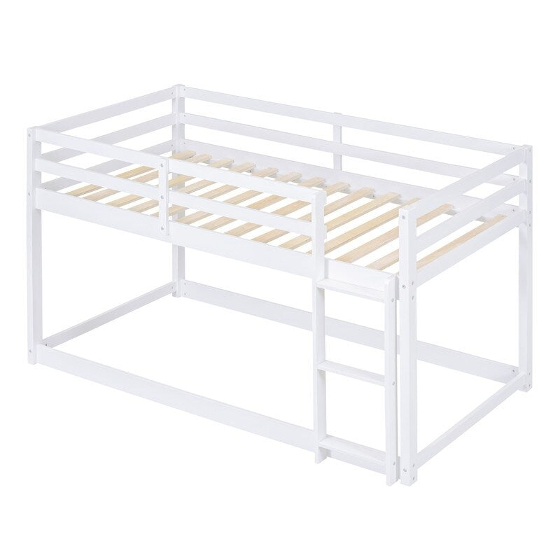 Twin Over Twin Floor Bunk Bed with Ladder, Wooden Twin Size Kids Bunk Bed Frame for Bedroom, White