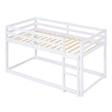 Twin Over Twin Floor Bunk Bed with Ladder, Wooden Twin Size Kids Bunk Bed Frame for Bedroom, White