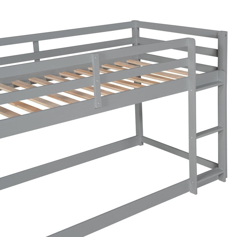 Twin Over Twin Floor Bunk Bed with Ladder, Wooden Twin Size Kids Bunk Bed Frame for Bedroom, White