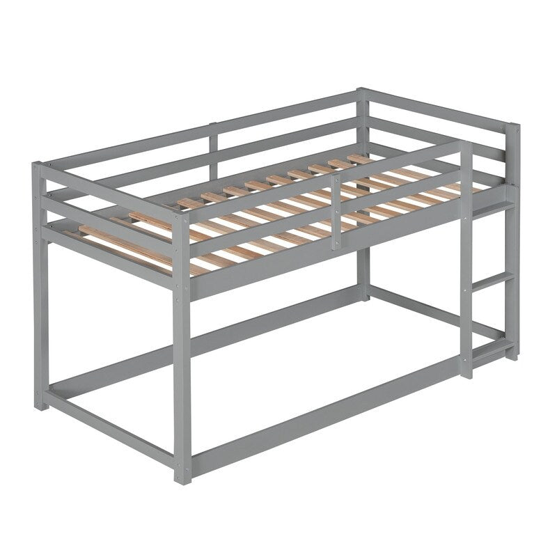 Twin Over Twin Floor Bunk Bed with Ladder, Wooden Twin Size Kids Bunk Bed Frame for Bedroom, White