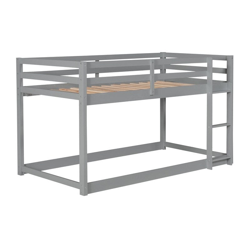 Twin Over Twin Floor Bunk Bed with Ladder, Wooden Twin Size Kids Bunk Bed Frame for Bedroom, White