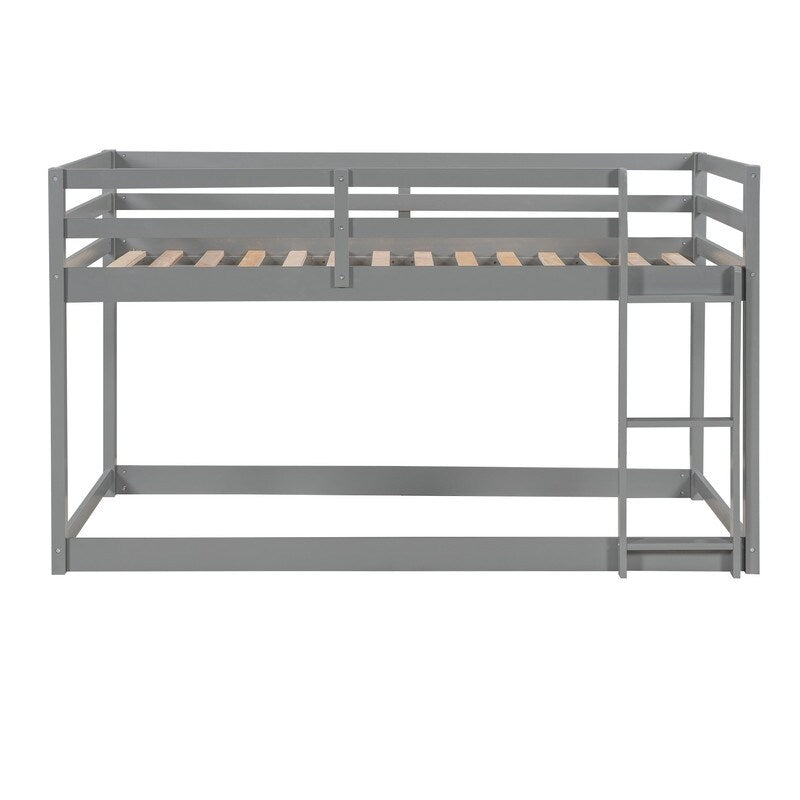 Twin Over Twin Floor Bunk Bed with Ladder, Wooden Twin Size Kids Bunk Bed Frame for Bedroom, White