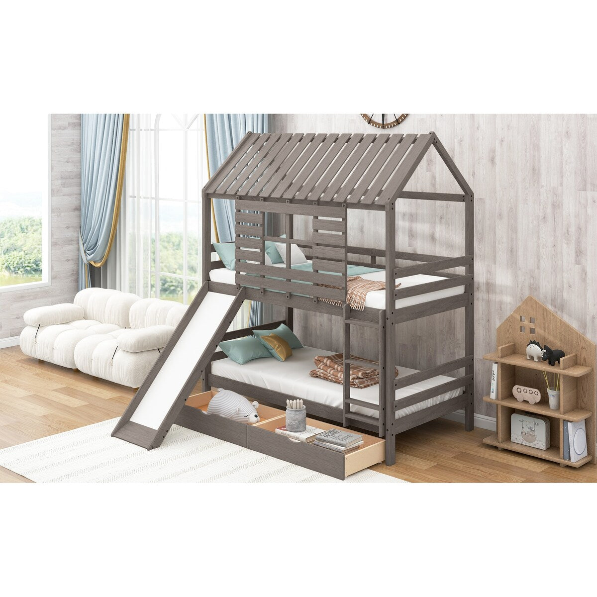 Twin Over Twin House Bunk Bed with Convertible Slide, 2 Drawers