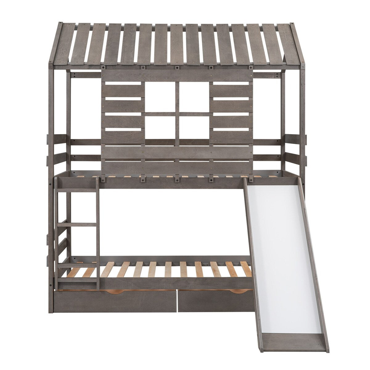 Twin Over Twin House Bunk Bed with Convertible Slide, 2 Drawers