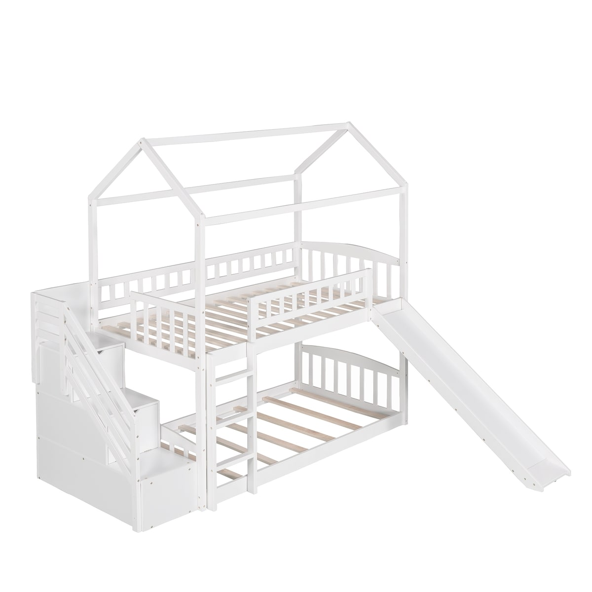 Twin Over Twin House Bunk Bed with Storage Stairs, Drawers and Slide for Kids Bedroom, Wood Bunkbed Frame w/ Roof & Guardrails