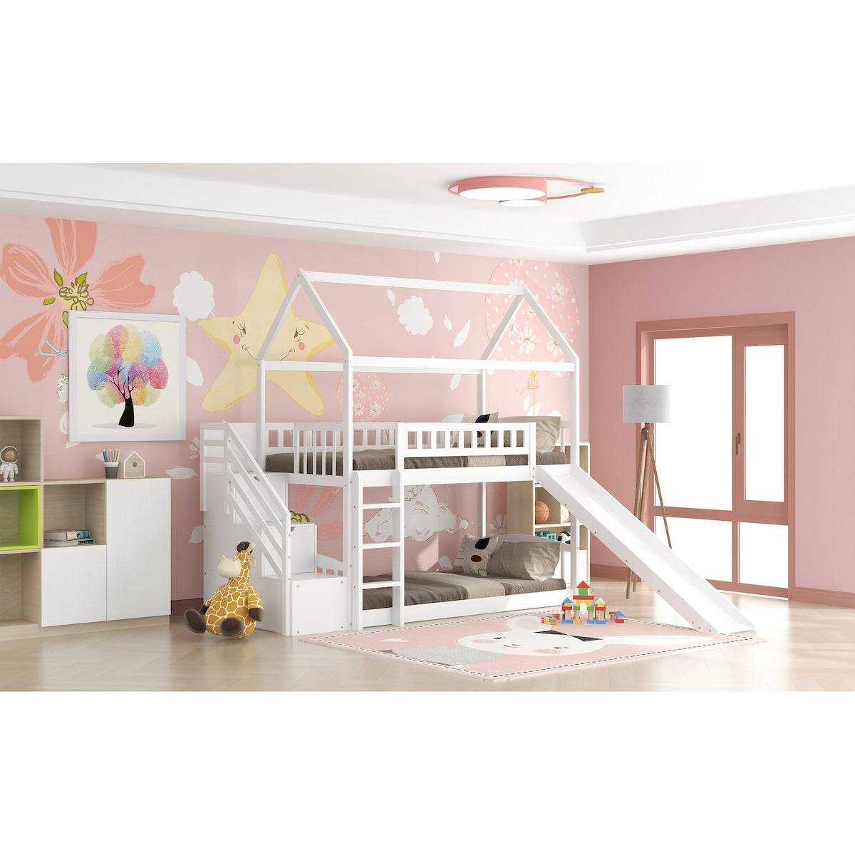 Twin Over Twin House Bunk Bed with Storage Stairs, Drawers and Slide for Kids Bedroom, Wood Bunkbed Frame w/ Roof & Guardrails