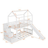Twin Over Twin House Bunk Bed with Storage Stairs, Drawers and Slide for Kids Bedroom, Wood Bunkbed Frame w/ Roof & Guardrails