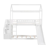 Twin Over Twin House Bunk Bed with Storage Stairs, Drawers and Slide for Kids Bedroom, Wood Bunkbed Frame w/ Roof & Guardrails