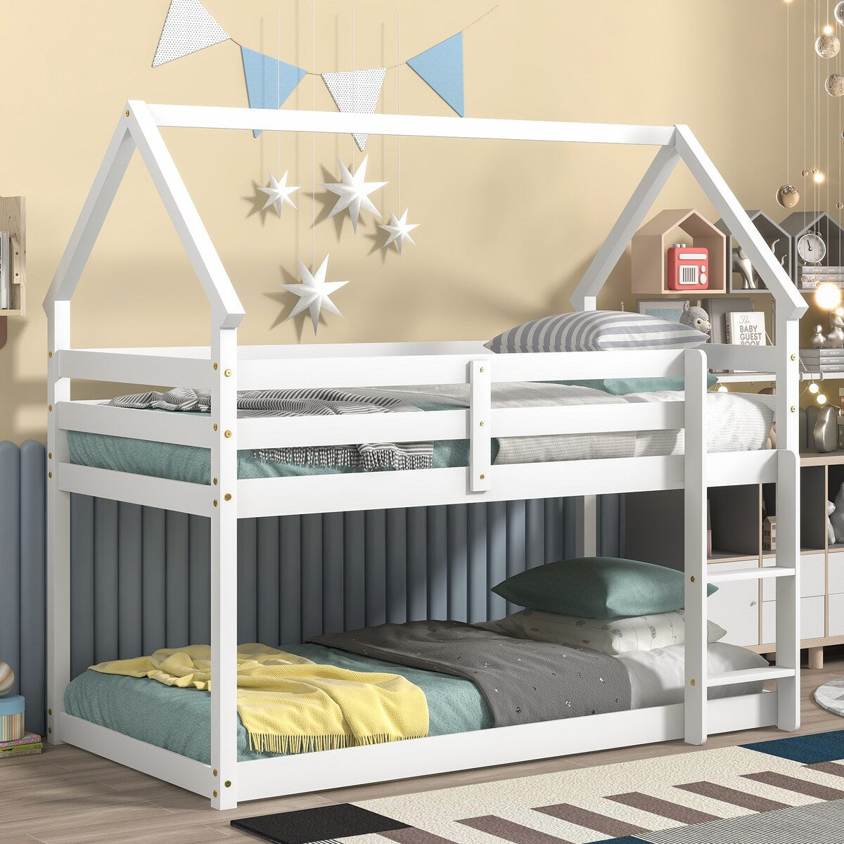 Twin Over Twin Low Height Design Wood House Roof Loft Bed With Roof Design,Safety Guardrail,Ladder
