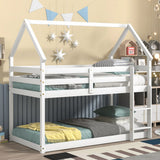 Twin Over Twin Low Height Design Wood House Roof Loft Bed With Roof Design,Safety Guardrail,Ladder
