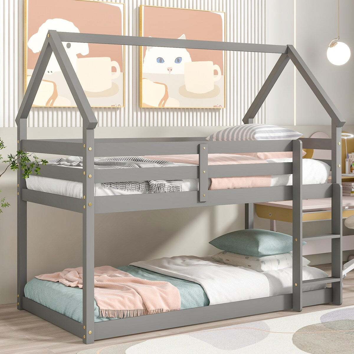Twin Over Twin Low Height Design Wood House Roof Loft Bed With Roof Design,Safety Guardrail,Ladder