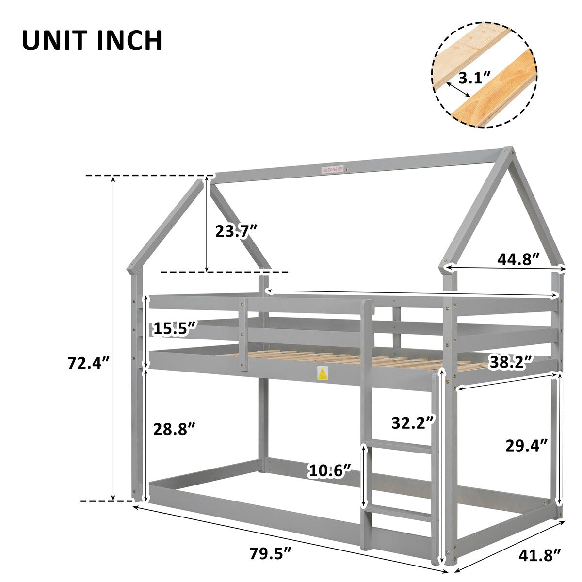 Twin Over Twin Low Height Design Wood House Roof Loft Bed With Roof Design,Safety Guardrail,Ladder