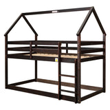 Twin Over Twin Low Height Design Wood House Roof Loft Bed With Roof Design,Safety Guardrail,Ladder
