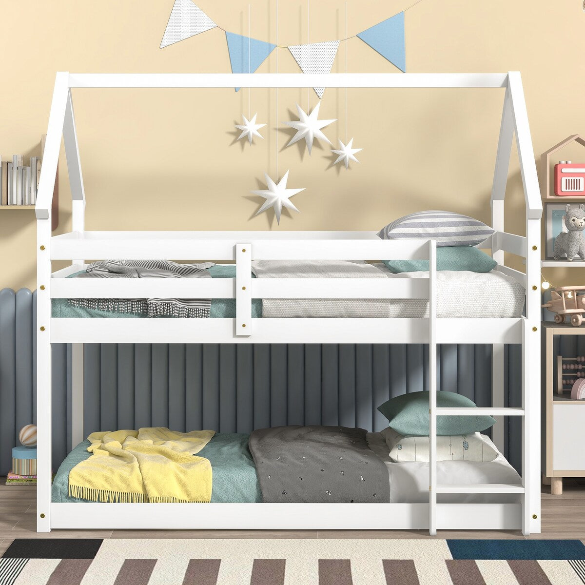 Twin Over Twin Low Height Design Wood House Roof Loft Bed With Roof Design,Safety Guardrail,Ladder
