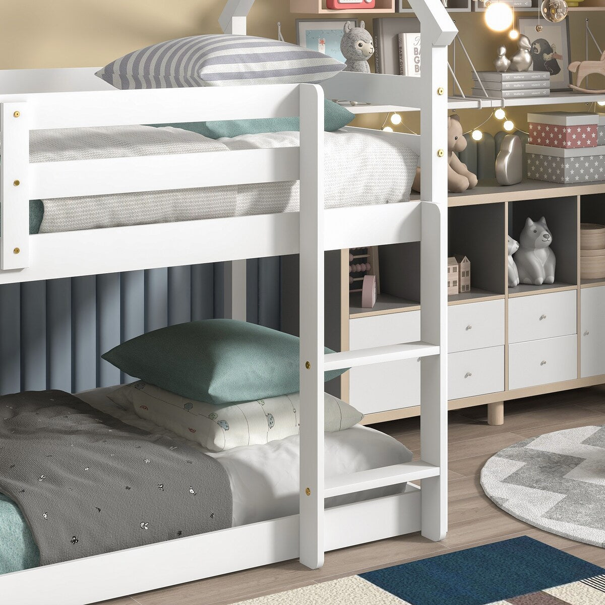 Twin Over Twin Low Height Design Wood House Roof Loft Bed With Roof Design,Safety Guardrail,Ladder