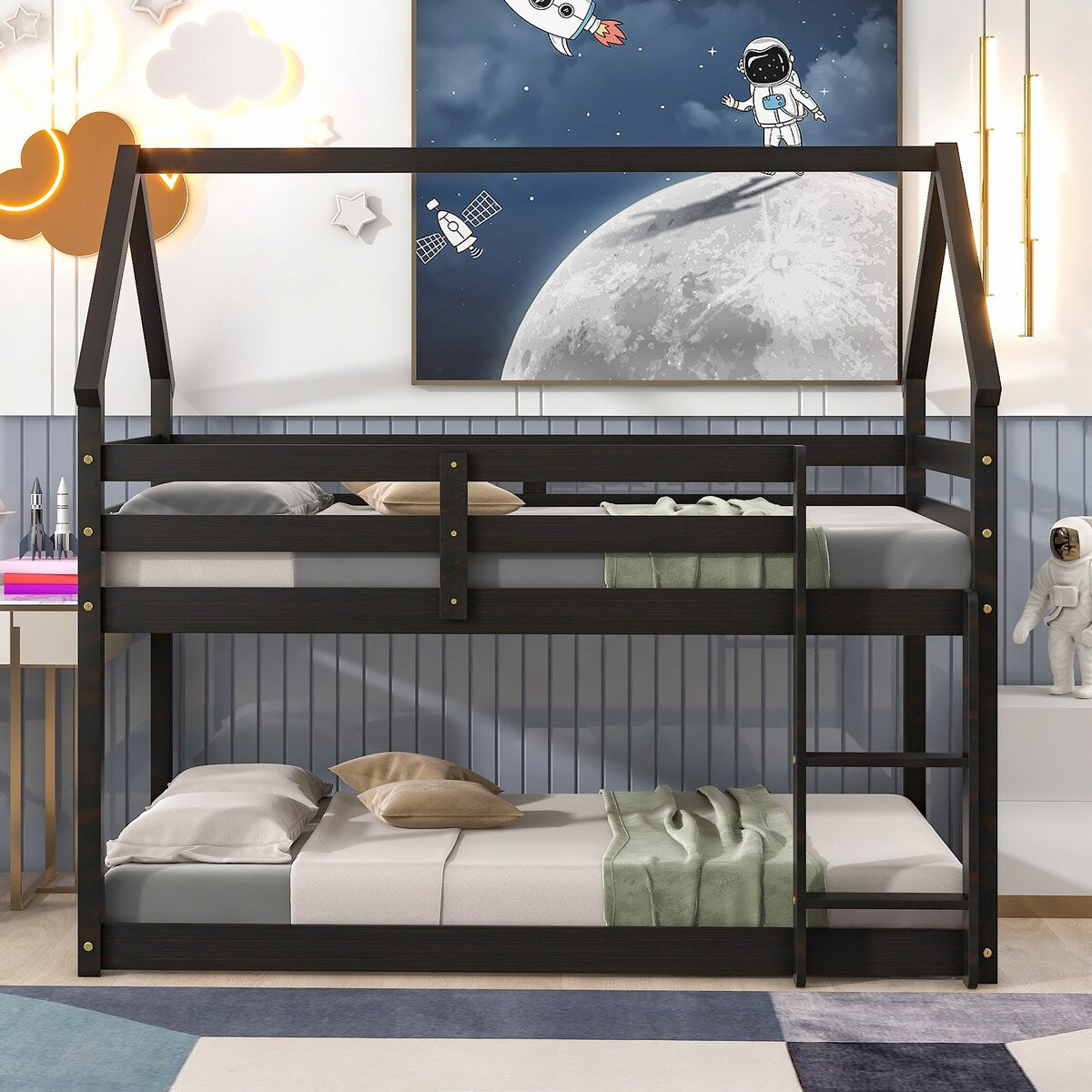 Twin Over Twin Low Height Design Wood House Roof Loft Bed With Roof Design,Safety Guardrail,Ladder