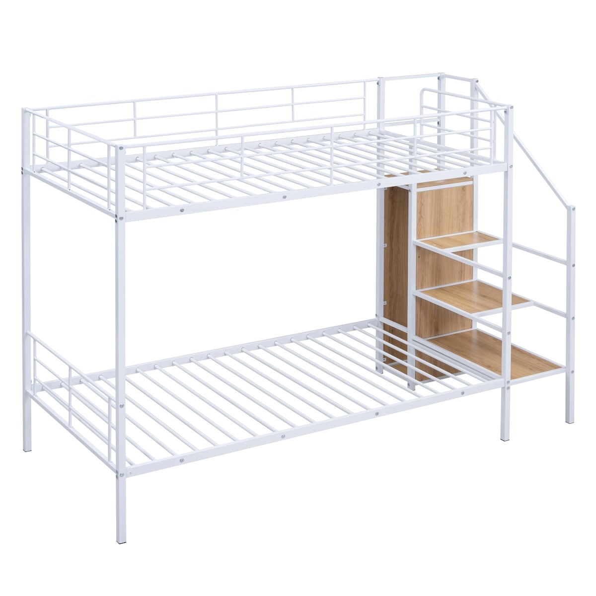 Twin Over Twin Metal Bunk Bed with Lateral Storage Ladder and Wardrobe