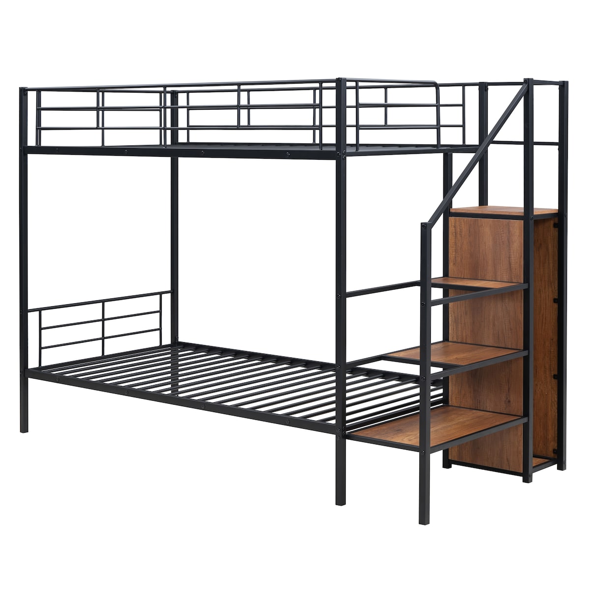 Twin Over Twin Metal Bunk Bed with Lateral Storage Ladder and Wardrobe