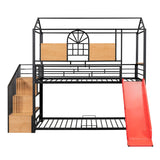 Twin Over Twin Metal Bunk Bed, Metal Housebed with Slide and Storage Stair, Black with Red Slide,No Box Spring Required