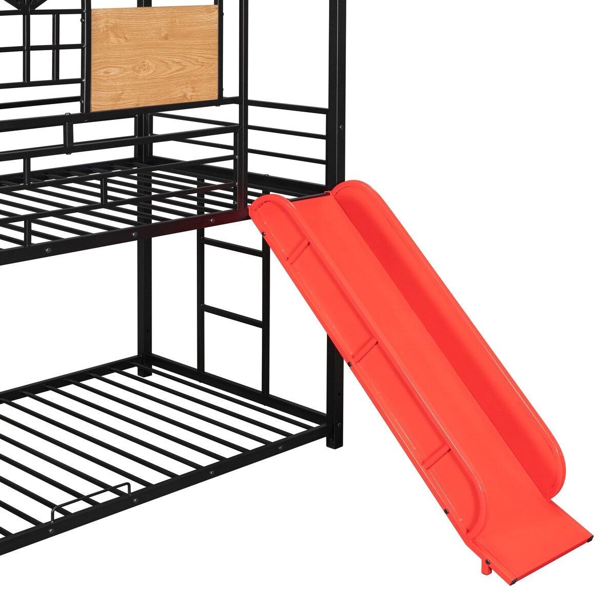 Twin Over Twin Metal Bunk Bed, Metal Housebed with Slide and Storage Stair, Black with Red Slide,No Box Spring Required