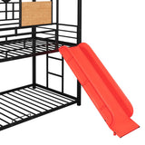 Twin Over Twin Metal Bunk Bed, Metal Housebed with Slide and Storage Stair, Black with Red Slide,No Box Spring Required